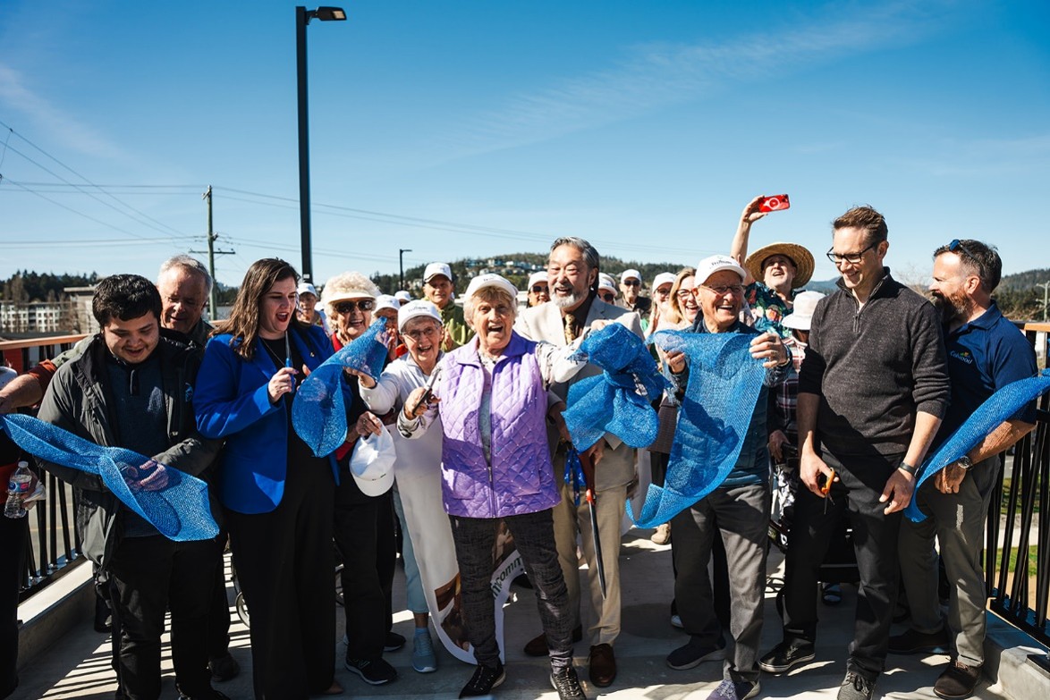 Galloping Goose Bridge Opening Celebration Photo credit: Jesse Holland Photography. Local seniors, Indigenous partners, project partners, and the City of Colwood open the Galloping Goose Bridge at the ribbon cutting ceremony.
